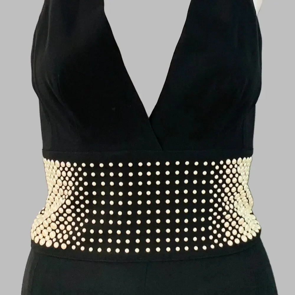 LA PERLA 4 Black White Viscose Blend Faux Pearl Embellishment V-Neck Jumpsuit - Picture 2 of 9
